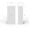 PRO2RWHT_Dimensions-100x100 - Jamies Furniture Two tall white rectangular speakers standing upright on a light gray surface with soft shadowing on a white background, viewed from the front and side edge.
