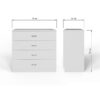 PRO4CWHT_Dimensions-100x100 1 - Jamies Furniture White modern storage cabinet: a tall slim unit on the right and a four-drawer dresser on the left, both with minimalist horizontal handles.