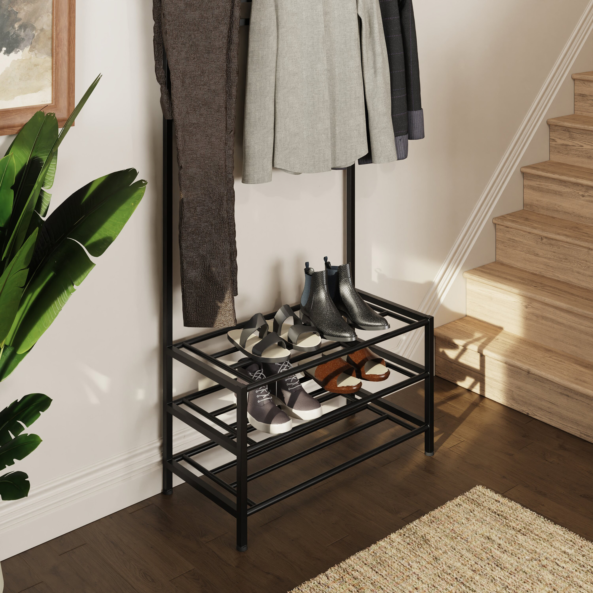 Industrial Urban Design Black Hallway Storage Rack With Hanging Rail - Image 4