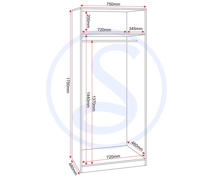 100-101-215_50 - Jamies Furniture Isometric technical drawing of a tall wardrobe with outer dimensions: width 750 mm, depth 460 mm, height 1,770 mm. Interior shows a top storage area, a hanging rail area, and bottom space; several measurements are labeled (e.g., 200 mm top clearance, 1,470–1,370 mm verticals, 720 mm horizontal spans).