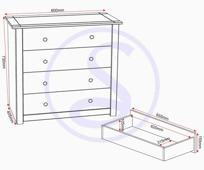 100-102-043_50 - Jamies Furniture Line drawing of a four-drawer dresser with a top surface and an additional slid-out drawer, with millimetre dimension lines indicating overall width, height, and depth.