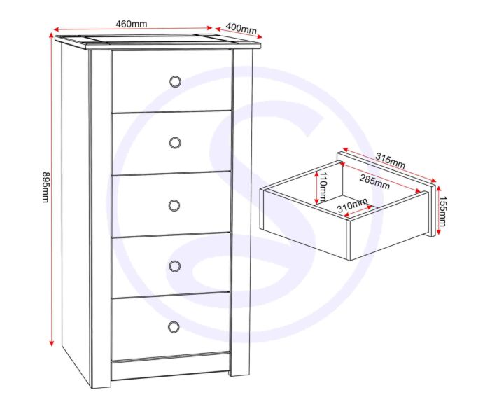 100-102-044_50_2 - Jamies Furniture Line drawing of a tall five-drawer chest with a flat top; overall height about 865 mm and outer width about 460 mm and depth about 400 mm. A single drawer is pulled out to the right, showing its interior dimensions (approx. 310 mm deep, 285 mm wide) and drawer height about 100 mm.