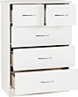 100-102-106_02_6 - Jamies Furniture White wooden five-drawer dresser with two small top drawers, two medium middle drawers, and a large bottom drawer with metal handles.