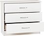 100-102-107_02_1 - Jamies Furniture White wooden dresser with three shallow drawers and silver handles, suitable for bedroom storage.