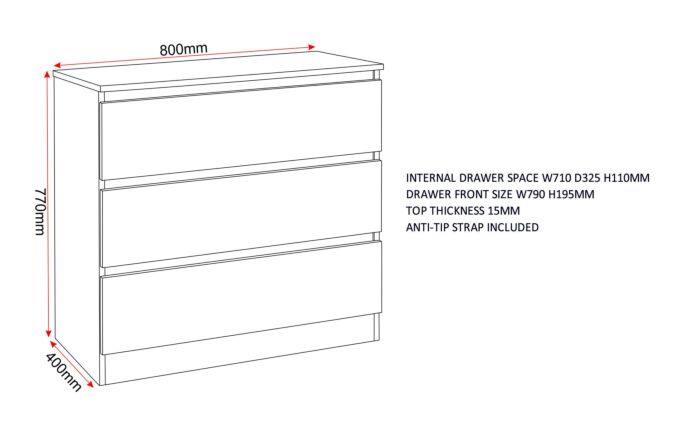 100-102-135_60_2 - Jamies Furniture Three-drawer dresser with overall dimensions ~770 mm high, 800 mm wide, 400 mm deep; includes anti-tip strap.