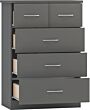 100-102-149_03 - Jamies Furniture Gray five-drawer dresser with silver handles, standing upright in a modern bedroom.
