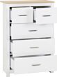 White wooden chest of drawers with a light wood top and five drawers with handles.