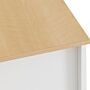 100-102-181_07 - Jamies Furniture Close-up of a light wood tabletop edge meeting a white vertical panel or leg.
