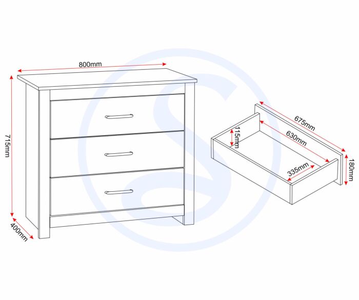 100-102-186_50 - Jamies Furniture Line drawing of a four-drawer dresser with overall width 800 mm, height 775 mm, and depth 400 mm; a drawer is pulled out to show its interior dimensions marked on the diagram (internal depth and height).