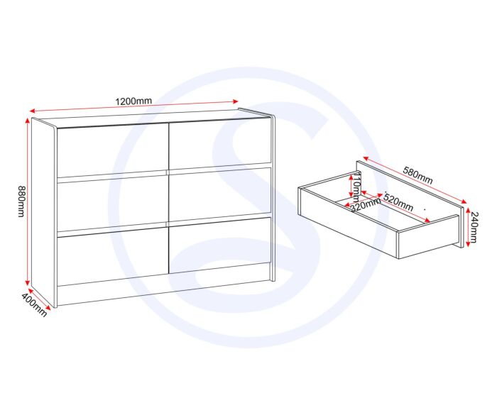 100-102-194_50 - Jamies Furniture Line drawing of a tall bookshelf with four shelves next to a separate shallow drawer. Dimension arrows show the bookshelf as about 1200 mm wide, 860 mm tall, and 400 mm deep; the drawer is about 580 mm long, 240 mm high, and 320 mm deep.