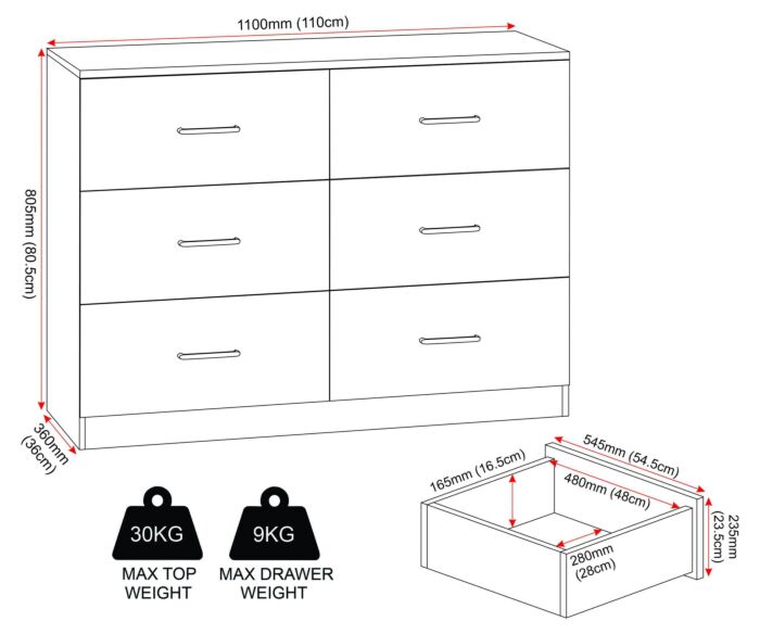 100-102-209_50_2 - Jamies Furniture Line drawing of a six-drawer chest with dimensions: 1100 mm wide, 360 mm deep, and about 850–860 mm high. Each drawer has a handle. Top load up to 30 kg; each drawer up to 9 kg. Includes a separate drawer box with external dimensions roughly 545 mm wide × 480 mm deep × 235 mm high and an interior cavity around 280 mm wide × 165 mm high.
