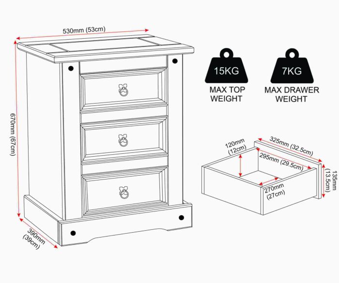 100-103-010_50_1 - Jamies Furniture Three-drawer wooden dresser with a bottom base; dimensions shown: 670 mm high, 530 mm wide, 390 mm deep; top load 15 kg, drawer load 7 kg.