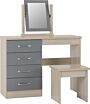 Wooden vanity desk with attached mirror, a four-drawer cabinet on the left, and a matching stool.