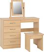 Wooden vanity desk with a rectangular mirror on top, a matching stool, and multiple drawers on the left side with an open shelf on the right.