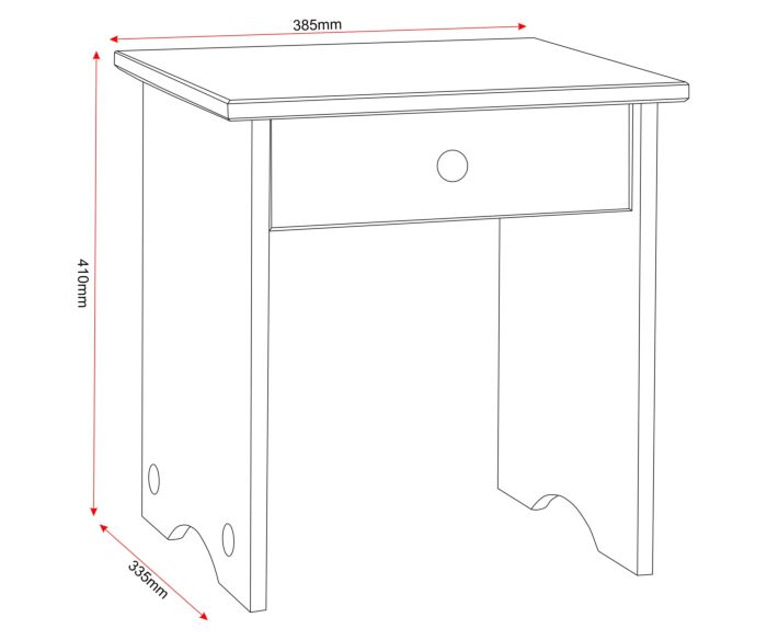 100-106-007_60 1 - Jamies Furniture Line drawing of a small side table with a single drawer and round knob; dimensions shown: 385 mm wide, 410 mm tall, 335 mm deep.