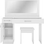 Silver printer on a white shelf with a small open storage bin beside it and a grey wall behind.