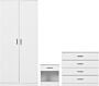 100-108-101_01_1 - Jamies Furniture Light gray wardrobe on the left with tall doors, and a matching chest of drawers on the right in a light room setting.
