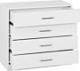 100-108-101_08_1 - Jamies Furniture White four-drawer dresser with slim horizontal handles, standing on legs/side rails visible at the edges.