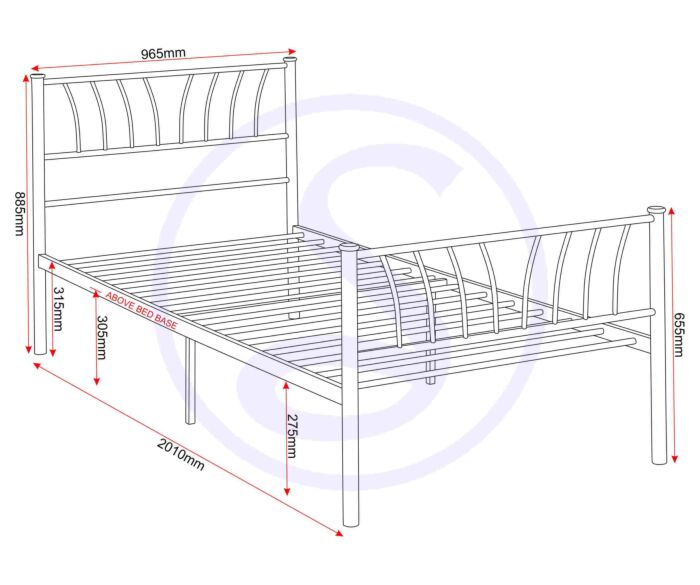 200-201-076_50_1 - Jamies Furniture Line drawing of a metal bed frame with headboard and footboard, showing overall length (2010 mm) and heights for headboard and footboard.