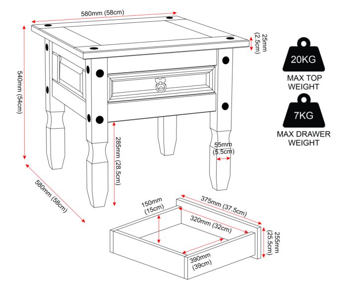 300-302-032_50 - Jamies Furniture Line-drawing diagram of a small wooden table with a front drawer and a pull-out tray, featuring annotated dimensions for width, depth, and height in mm/cm, plus icons noting max top weight 20kg and max drawer weight 7kg.