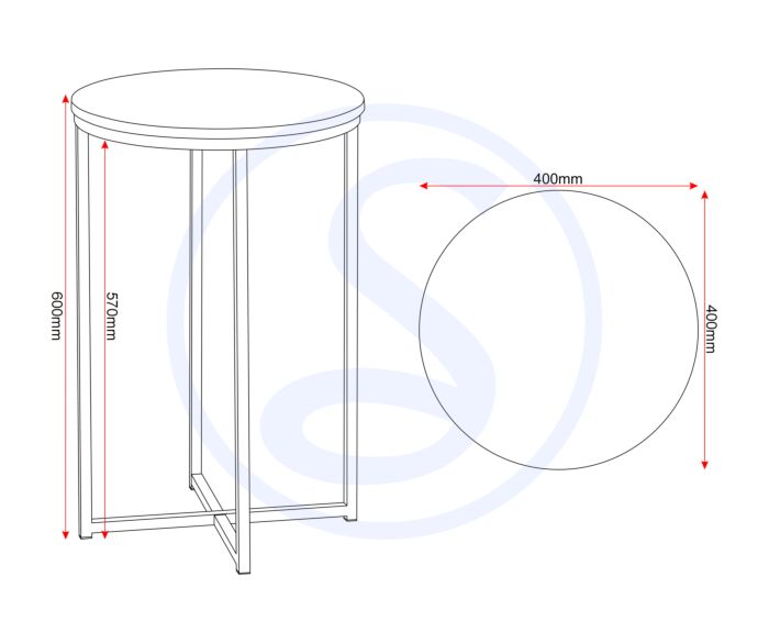 300-302-060_50 - Jamies Furniture Technical drawing of a round-top pedestal table showing overall height 600 mm and leg height 570 mm; a 400 mm diameter circle to the right with a 400 mm span.