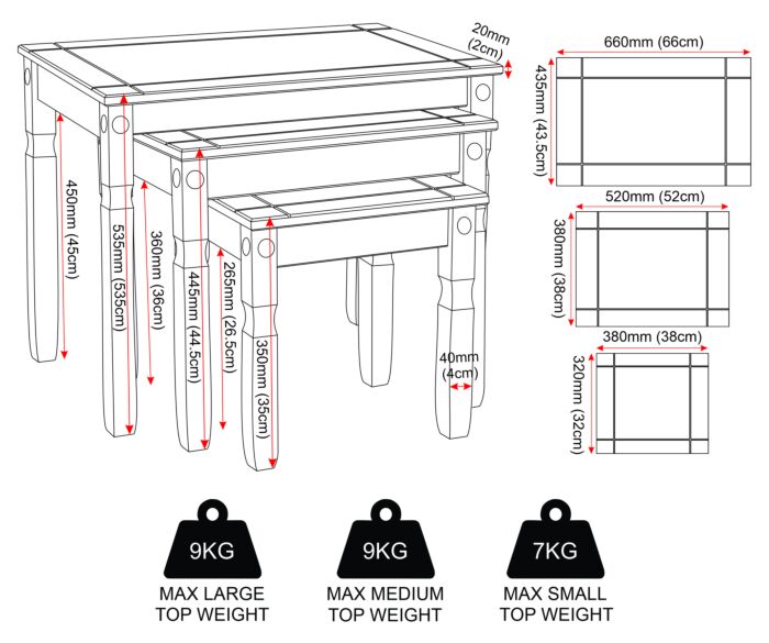 300-303-010_50 - Jamies Furniture Dimensioned schematic of a wooden table with legs, shelves, and top; measurements shown in mm and max top weights (9kg/9kg/7kg) indicated.