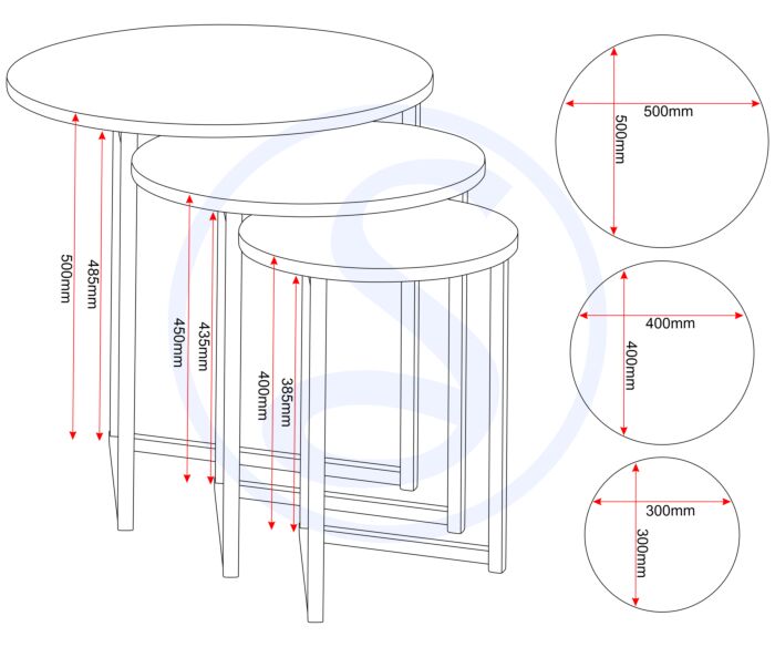 300-303-036_50 - Jamies Furniture Set of three round nesting tables in a staggered arrangement with heights and diameters labeled: largest 500 mm diameter and 500 mm tall, middle 400 mm diameter and 400 mm tall, smallest 300 mm diameter and 300 mm tall. Red dimension arrows show each table's measurements.