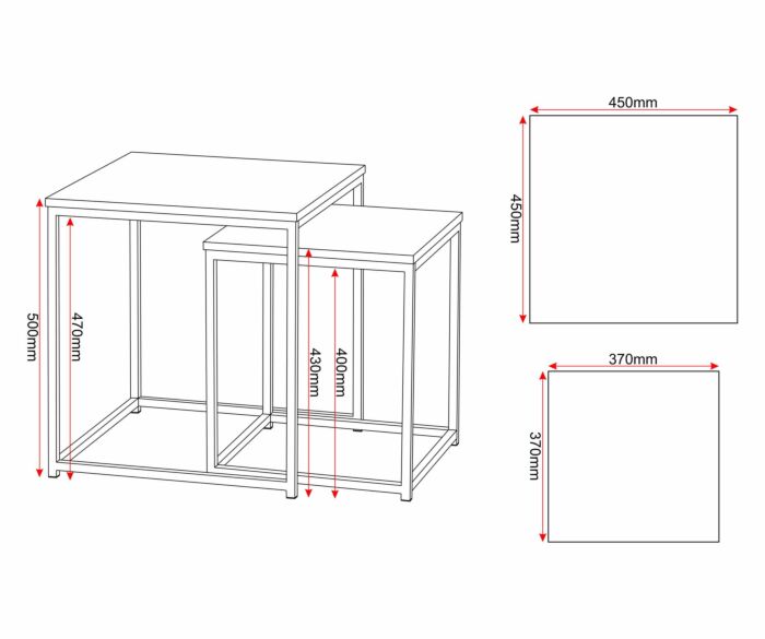 300-303-038_60 - Jamies Furniture Isometric line drawing of a two-piece modular desk system: a larger left counter and a shorter right counter with open-frame legs. Dimensions are shown in millimeters, including left height 500 mm and right unit heights around 430–450 mm; end panels shown as 450×450 mm and 370×370 mm squares.