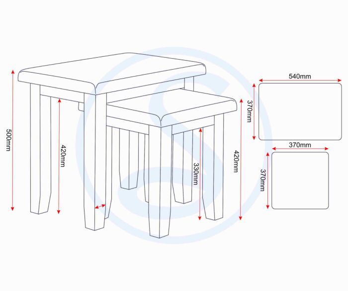 300-303-041_50 - Jamies Furniture Technical line drawing of a wooden stool with dimension annotations in millimeters, showing overall height, seat height, and leg lengths; includes two rectangular panels with dimensions 540 mm by 370 mm and 370 mm by 370 mm.