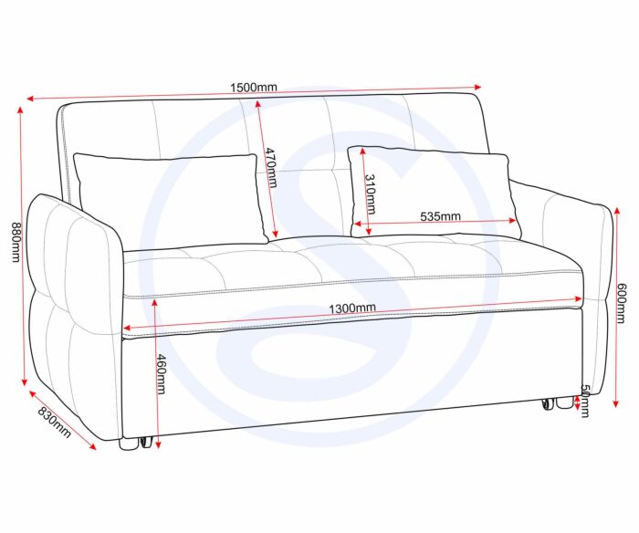 Line drawing of a two-cushion sofa with red measurement arrows showing overall length 1500mm, overall height 880mm, and depth 830mm.
