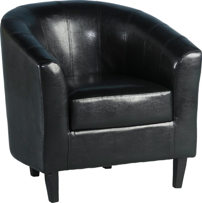 Black leather upholstered armchair with curved back and padded seat, supported by square legs, shown from a three-quarter view.