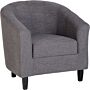 Gray upholstered armchair with a curved back and short, dark legs, photographed in a neutral setting.