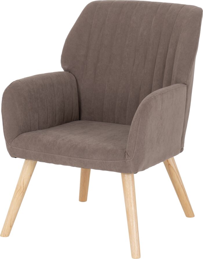 Taupe upholstered armchair with rounded arms and light wood legs, for living-room seating.