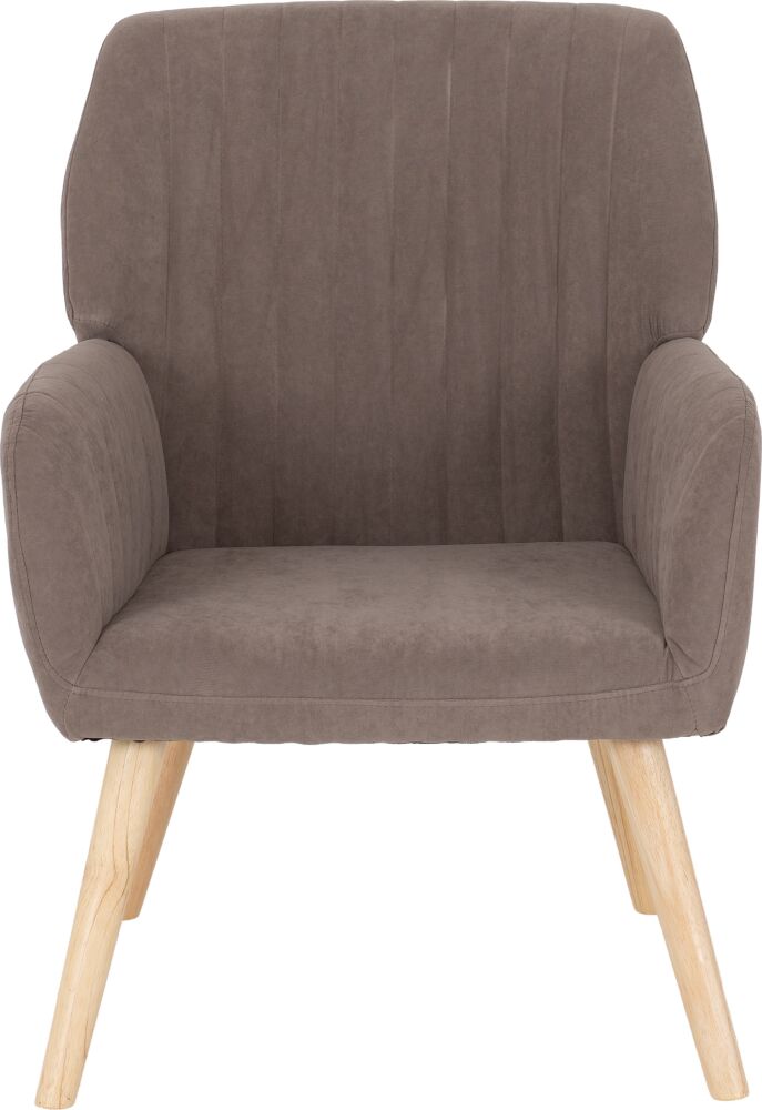 300-309-039_02_1 - Jamies Furniture Brown upholstered armchair with light wooden legs in a mid-century style setting.