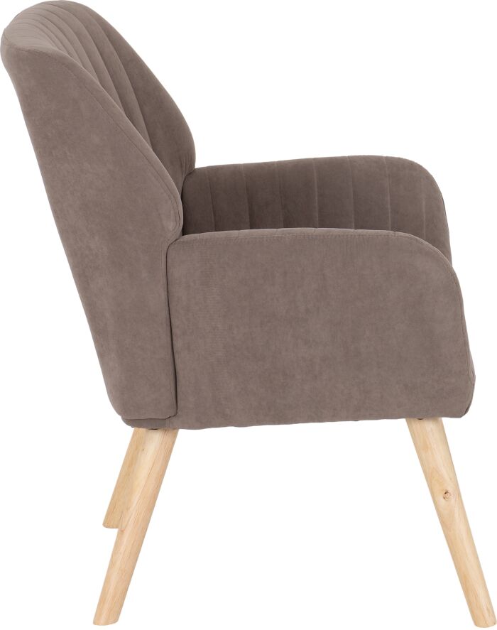 300-309-039_04_1 - Jamies Furniture Taupe upholstered armchair with curved back, armrests, and light wooden legs (side view).