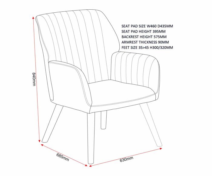300-309-039_60_1 - Jamies Furniture Line drawing of an armchair with labeled dimensions: width 685mm, depth 630mm, height 840mm; seat height 395mm, backrest 575mm, armrest 90mm.