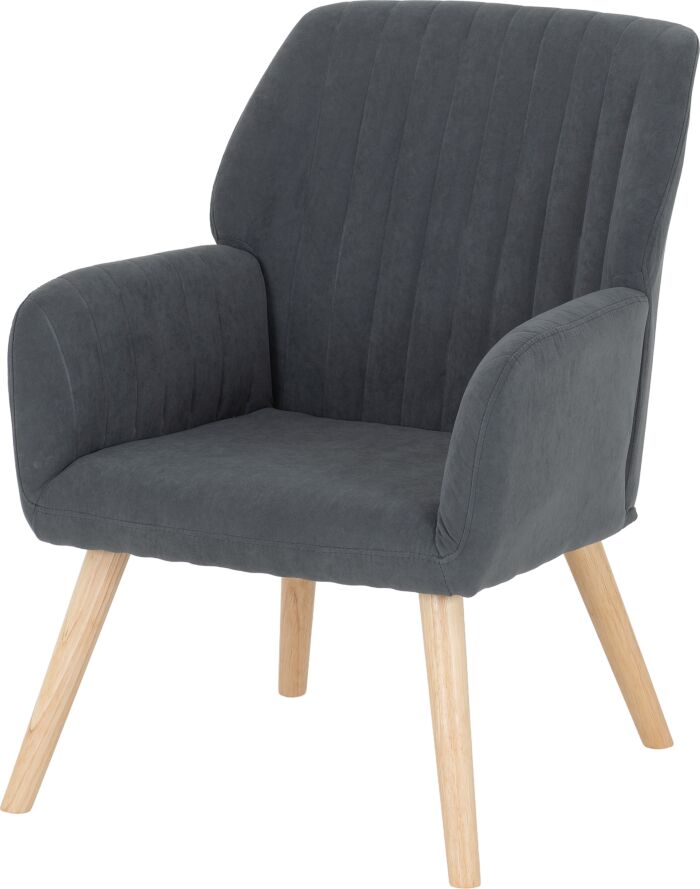 Dark gray upholstered armchair with light wood legs and angled supports.
