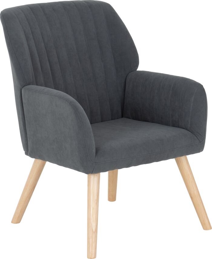 300-309-040_03 - Jamies Furniture Dark gray upholstered armchair with vertical channel stitching and light wooden legs.