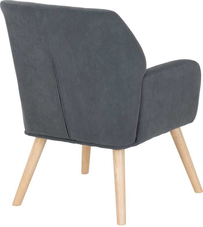 300-309-040_05 - Jamies Furniture Gray upholstered armchair with light wood legs, seen from the back/right side, in a mid-century style.