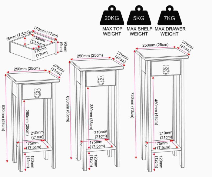 Line drawing of three wooden stands with a drawer and lower shelf in small, medium, and large sizes, showing red dimension arrows in millimeters for overall height, width, depth, and internal shelves; includes an exploded top view and icons noting max top (20 kg), max shelf (5 kg), and max drawer weight (7 kg).