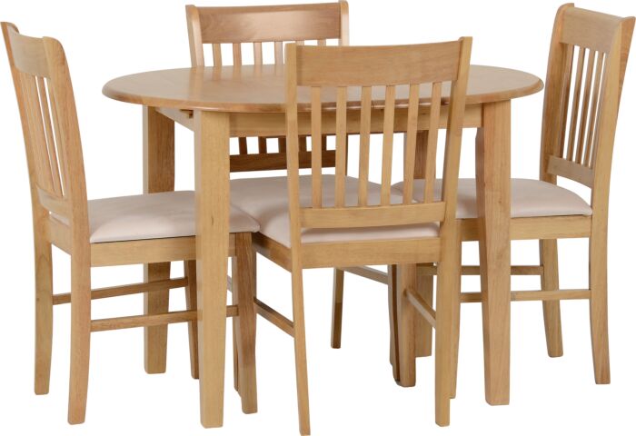 Round wooden dining table with six matching chairs in a natural wood finish, shown from a corner angle for a dining set image accessibility need
