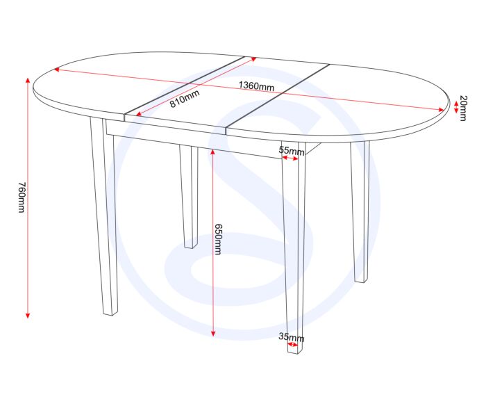 400-401-065_50_1 - Jamies Furniture Technical diagram of an oval dining table with red dimension lines: overall length 1360 mm, width 810 mm, and top thickness 20 mm; leg height 760 mm; leg spacing 650 mm; leg thickness 35 mm; underside clearance/support height 55 mm.