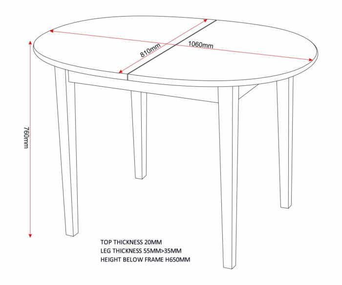 400-401-065_61_1 - Jamies Furniture Round dining table technical drawing: top diameter 1060 mm with inner 810 mm, overall height 760 mm; top 20 mm thick; legs 55–35 mm; height below frame 650 mm.