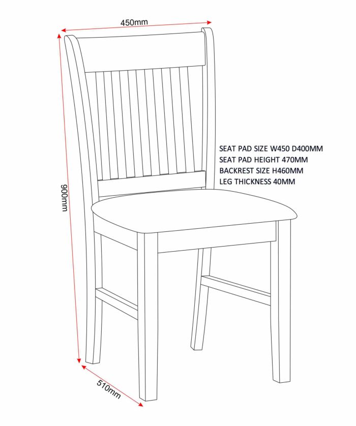 400-401-065_62_1 - Jamies Furniture Line drawing of a chair with outer dimensions: height 900mm, width 450mm, depth 510mm; seat pad and backrest sizes noted.