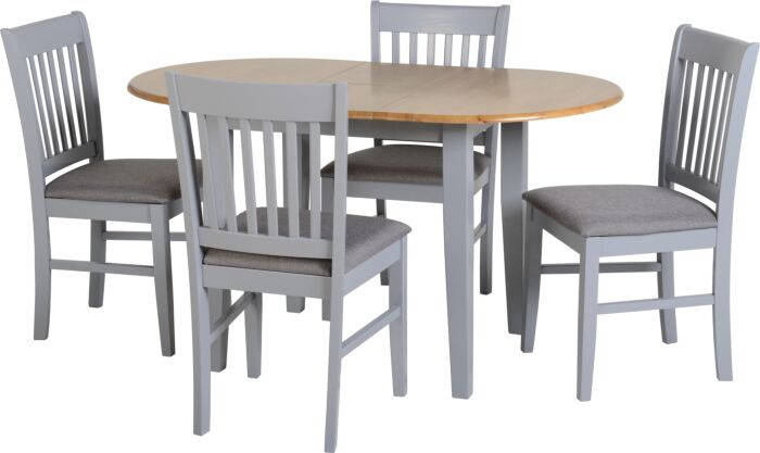 Gray dining set with a round light-wood table and five matching chairs with padded seats.