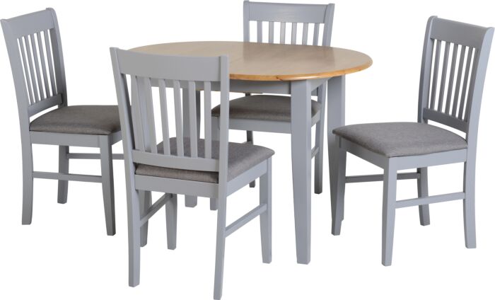 400-401-142_02_1 - Jamies Furniture Round wooden dining table surrounded by four grey chairs with padded seats.