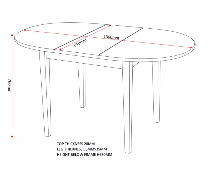 400-401-142_60 - Jamies Furniture Oval dining-table technical drawing with measurements: length 1360mm, internal width 810mm, overall height 760mm; top 20mm thick; legs 55mm–35mm; clearance below frame 650mm.