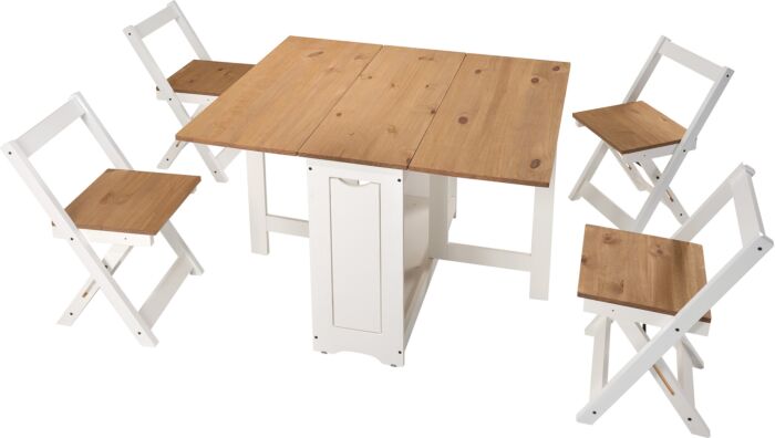 Wooden rectangular dining table with white legs, surrounded by six matching foldable wooden chairs.