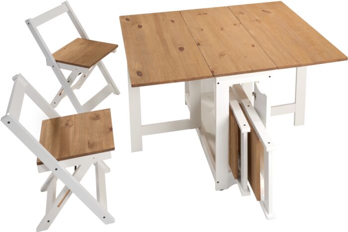 400-401-146_04_2 - Jamies Furniture A white foldable children's desk with a wooden tabletop and matching folding chairs with wood seats and backs