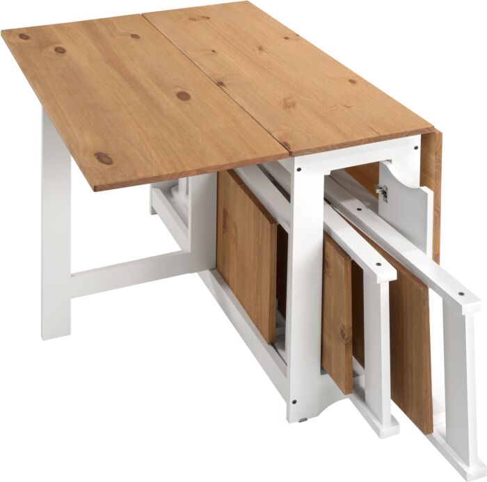400-401-146_07_2 - Jamies Furniture Wooden extendable table with a white frame; the two leaves are stored underneath the tabletop frame.